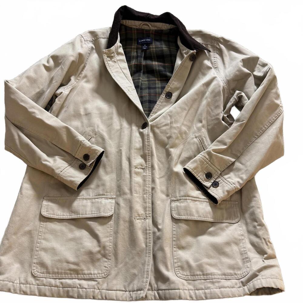 LANDS' END Wms SZ 1X Tan Barn Coat/Brown Corduroy Collar. Plaid Cotton Lining
